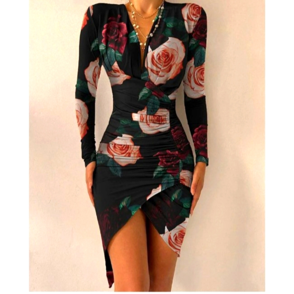 Rose Pattern Bodycon Dress NWT FREE MATCHING EARRINGS